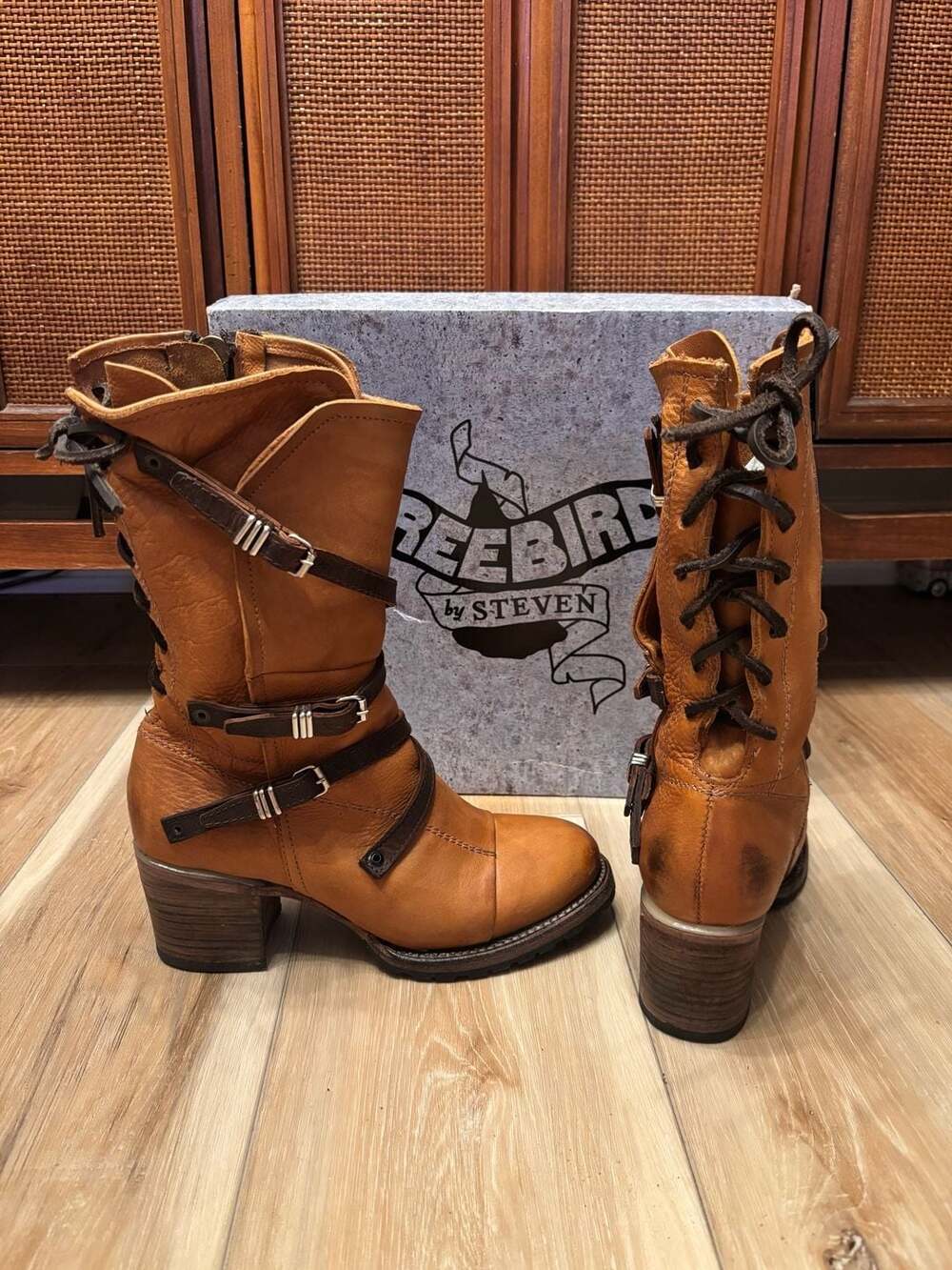 Freebird by Steven Cora Tan Leather Heeled Boots Back Lacing Buckles